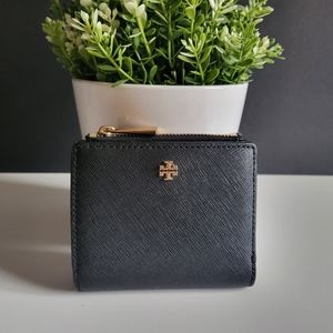 Tory Burch Bifold Compact Wallet - Black Leather with Gold Hardware